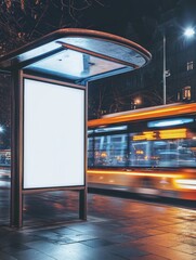 A bus stop shelter with a blurred background, showcasing the lights and movement of city life at night.