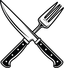 Crossed fork and knife, kitchen utensil icon, dining symbol vector, black and white cutlery, simple food design