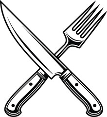 Crossed fork and knife, kitchen utensil icon, dining symbol vector, black and white cutlery, simple food design
