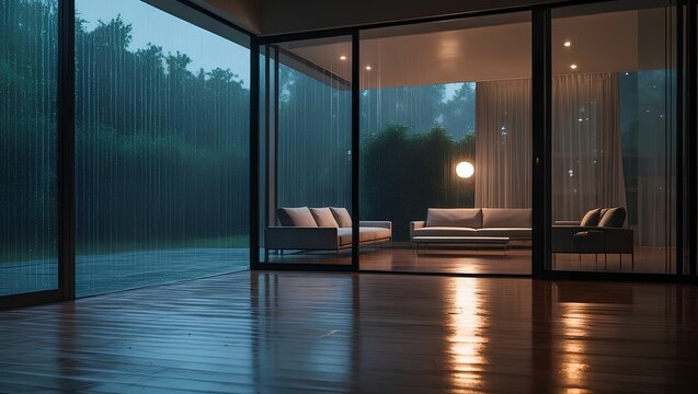 Night view of a Korean minimalist kitchen and dining area, gentle lighting from pendant lamps, outside rain blurring through frosted glass, natural wood and matte black accents, peaceful silence filli