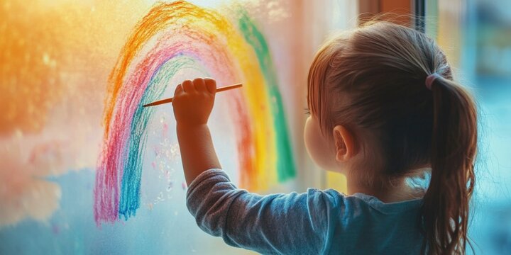 A young child is creating a vibrant rainbow drawing with crayons or paint, showcasing their artistic flair and the simple joy of imagination.