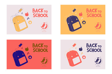 Back to school concept illustration with a modern flat design. A large yellow backpack on the left surrounded by school-related doodles. Bright, cheerful, and academic theme