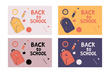Back to school concept illustration with a modern flat design. A large yellow backpack on the left surrounded by school-related doodles. Bright, cheerful, and academic theme
