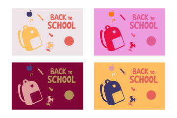 Back to school concept illustration with a modern flat design. A large yellow backpack on the left surrounded by school-related doodles. Bright, cheerful, and academic theme