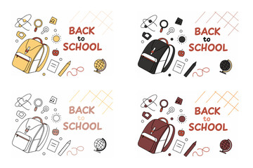 Back to school concept illustration with a modern flat design. A large yellow backpack on the left surrounded by school-related doodles. Bright, cheerful, and academic theme