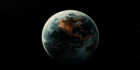 Digital art depicting Earth from space at night with the moonlit surface and stars above.