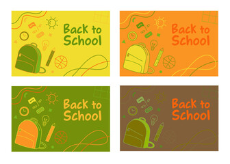 Back to school concept illustration with a modern flat design. A large yellow backpack on the left surrounded by school-related doodles. Bright, cheerful, and academic theme