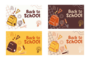 Back to school concept illustration with a modern flat design. A large yellow backpack on the left surrounded by school-related doodles. Bright, cheerful, and academic theme
