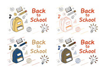 Back to school concept illustration with a modern flat design. A large yellow backpack on the left surrounded by school-related doodles. Bright, cheerful, and academic theme