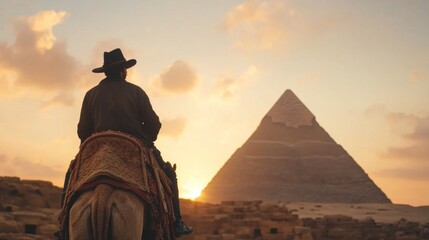 A man riding a camel in the desert near the pyramids of Giza, Egypt, during sunset.
