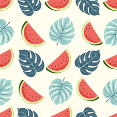 Seamless vector pattern with watermelon slices and monstera leaves. Perfect for summer textiles, wrapping paper, wallpapers, and packaging design.