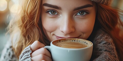 A woman with a radiant smile, enjoying a cup of coffee, evoking feelings of comfort and happiness.