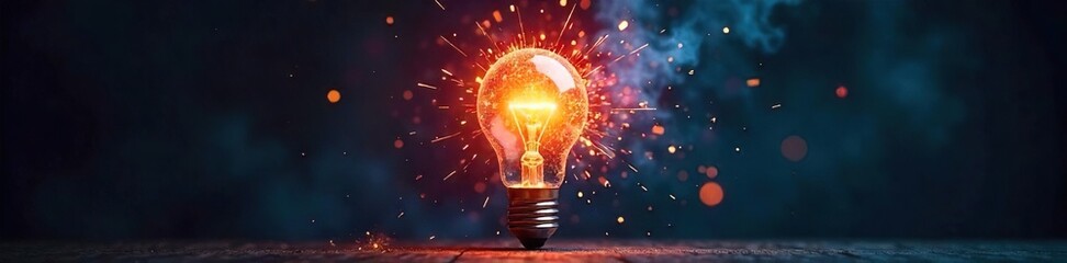 A lightbulb explodes with colorful sparks, radiating brilliant ideas and innovative solutions against a dark background , design, background