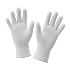 Obraz premium A pair of thin white cotton glove liners, delicate with visible weave texture, fully depicted as static objects on a transparent seamless studio background with soft shadowless lighting, concept of