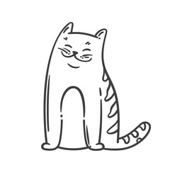 Cartoon doodle style cat outline in funny sitting pose with big striped tail and smiling expression. Cute kitty outline for coloring, stickers, or playful animal art. Vector illustration.