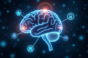 Fototapeta premium Corporate Icons Orbiting a Glowing Holographic Brain, Depicting the Synergy of Business Strategy and Neural Tech in a Futuristic Visualization of Intelligence and Innovation, AI-generated