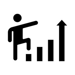 icono de progreso y superación. Esfuerzo, avance y logro. Persona subiendo escalones en forma de barra de crecimiento. Ilustración vectorial
