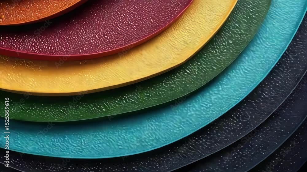 Poster a colorful arrangement of circular plates or layers with varied textures and shades, creating a visu