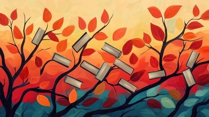 autumn on scene book concept. Colorful abstract tree branches with leaves and textured background.