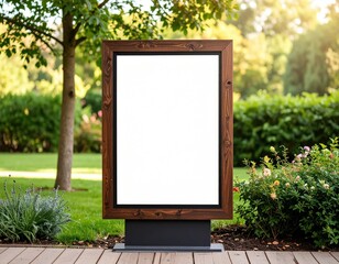 Blank Wooden Framed Sign in Lush Green Park Setting on Sunny Day