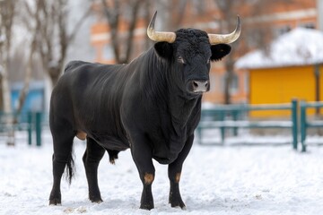A black bull stands in the snow featuring curved horns a muscular build and a snowy slightly blurred background