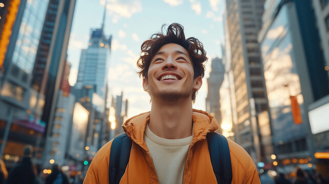 A handsome Asian American is walking in the New York City feeling cheerful.
