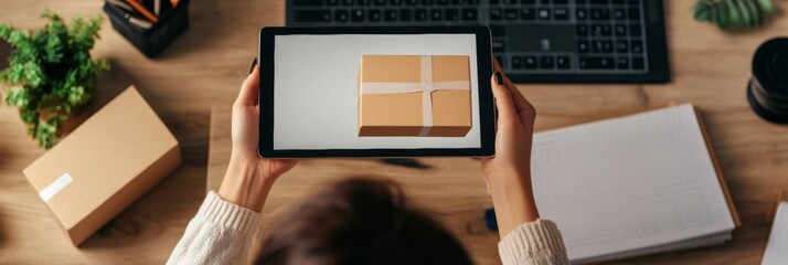 Image of person working on digital tasks related to e-commerce or logistics, using a tablet and various packaging materials.