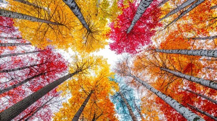 autumn on scene book concept. Colorful autumn foliage viewed from below tall trees.