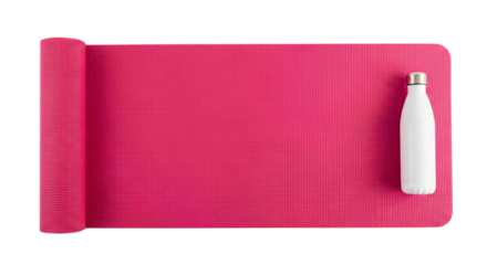 Vibrant pink yoga mat and white reusable water bottle, isolated on white & transparent background. Ideal for fitness promotions, wellness content, gym ads, health apps,