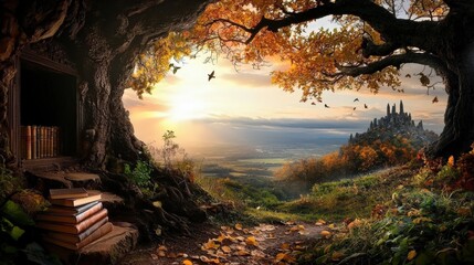 autumn on scene book concept. Enchanting scene with books in a tree, overlooking a distant castle at sunset.