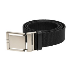 A new, black nylon snap buckle belt with a polished silver buckle, precisely laid out on a transparent background in a professional studio, ultra-photorealistic UHD product photography concept for
