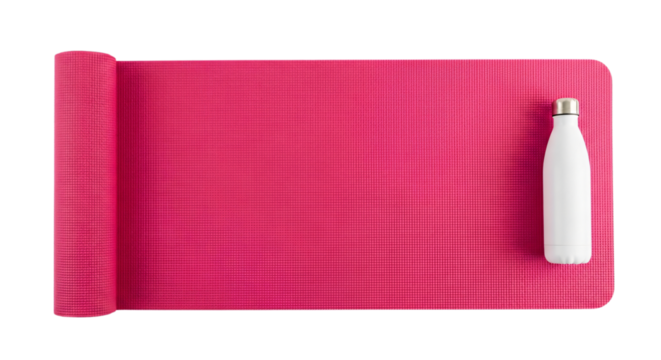 Vibrant pink yoga mat and white reusable water bottle, isolated on white & transparent background. Ideal for fitness promotions, wellness content, gym ads, health apps, - Powered by Adobe