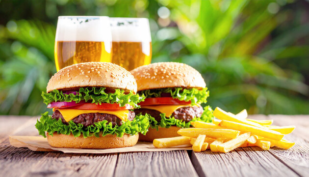 Burgers and French fries, with beer on picnic table. AI - Powered by Adobe