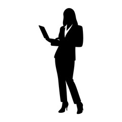 Business woman work at laptop silhouette. Vector image
