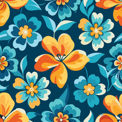 Vibrant yellow and orange floral pattern seamless background with dark teal leaves