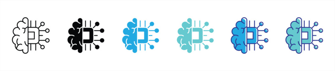 artificial intelligence icon set. containing brain tech fusion, capturing the intersection of human intelligence and machine computing, icon thin line and color style. vector illustration