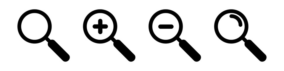 Magnifying glass icons, Zoom control icons set,  Zoom icons collection, zoom in and zoom out vectors set