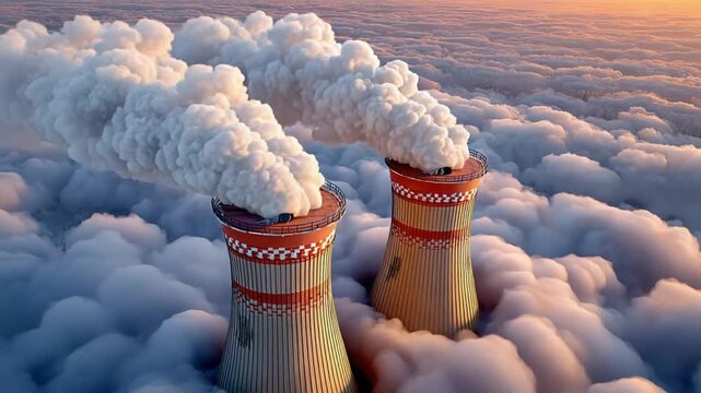 Industrial Pollution: Dense plumes of smoke billow from a towering industrial chimney, starkly contrasting with the serene sky, illustrating the environmental impact of industrial activity.