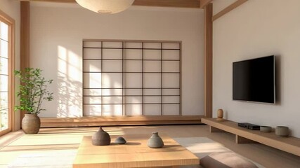 Modern living room featuring minimalist Japandi style with simple furniture and earthy colors - Powered by Adobe
