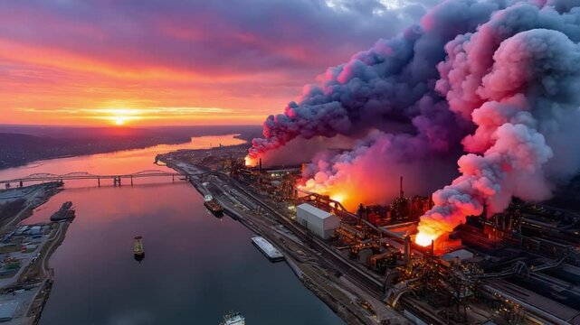 Industrial Panorama: An eye-level wide shot captures an industrial landscape under a beautiful sunset sky, conveying environmental concerns.