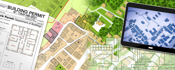 Imaginary General Urban Plan and Buildings Permit with indications of urban destinations, cityscape and digital tablet with cadastral map