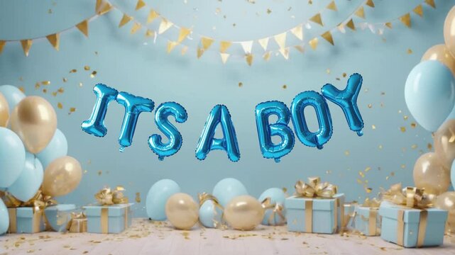Loop Video of the Blue foil balloon letters spelling "IT'S A BOY". Gender reveal party. 