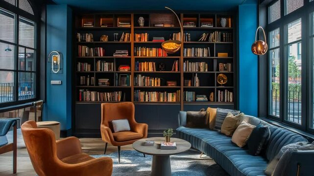 Modern Nordic interior featuring cozy seating, stylish bookshelf, and blue backdrop