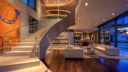 Modern villa entrance hall with sleek staircase and stylish interior design