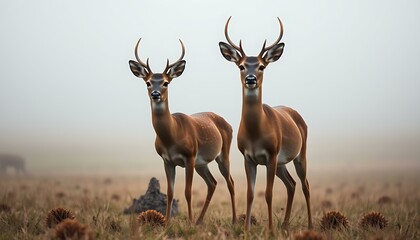 Obraz premium Two Deer Standing Alert In Foggy Open Clearing