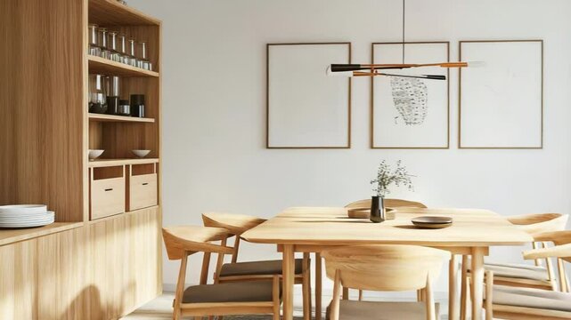 Modern Scandinavian dining room interior with clean lines and natural wood furniture