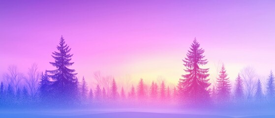 Beautiful landscape of a snowy forest at sunrise or sunset. the sky is a gradient of pink and purple, with the sun partially visible in the top right corner.
