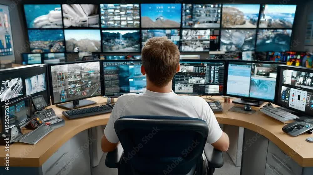 Poster surveillance control room: a dedicated individual sits intently at a command center, navigating a co