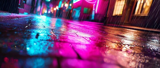 Close-up of a wet street at night. the street is wet and there are raindrops falling from the sky. the background is blurred, but it appears to be a city street with buildings and lights.
