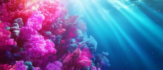 Underwater scene with a large group of coral reefs. the coral reefs are in various shades of pink, purple, and white, and they are densely packed together.
